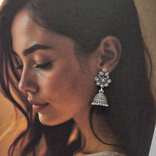 Antique Oxidized Floral Jhumkas - Kaanke