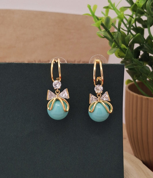 Crystal Bow & Blue Pearl Drop Earrings - Kaanke