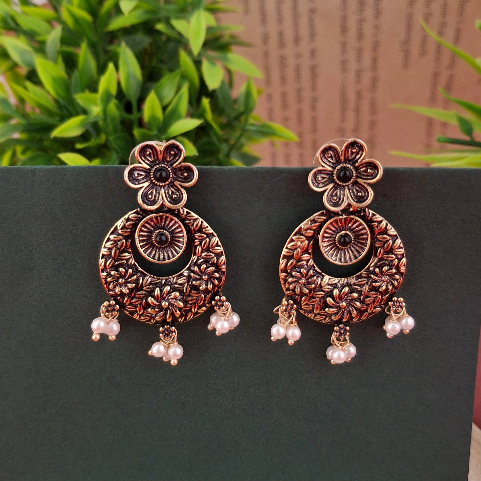 Floral Charm Jhumkas – Copper Antique Earrings - Kaanke